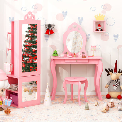 Princess Vanity Table and Stool Set Freestanding Jewelry Cabinet Armoire with Full-Length Mirror, Pink Kids Vanities at Gallery Canada