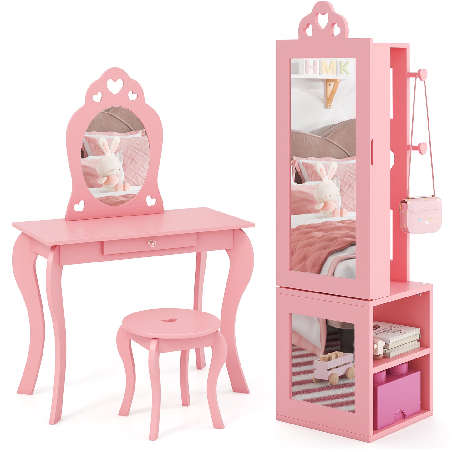 Princess Vanity Table and Stool Set Freestanding Jewelry Cabinet Armoire with Full-Length Mirror, Pink Kids Vanities at Gallery Canada