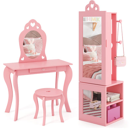 Princess Vanity Table and Stool Set Freestanding Jewelry Cabinet Armoire with Full-Length Mirror, Pink Kids Vanities at Gallery Canada
