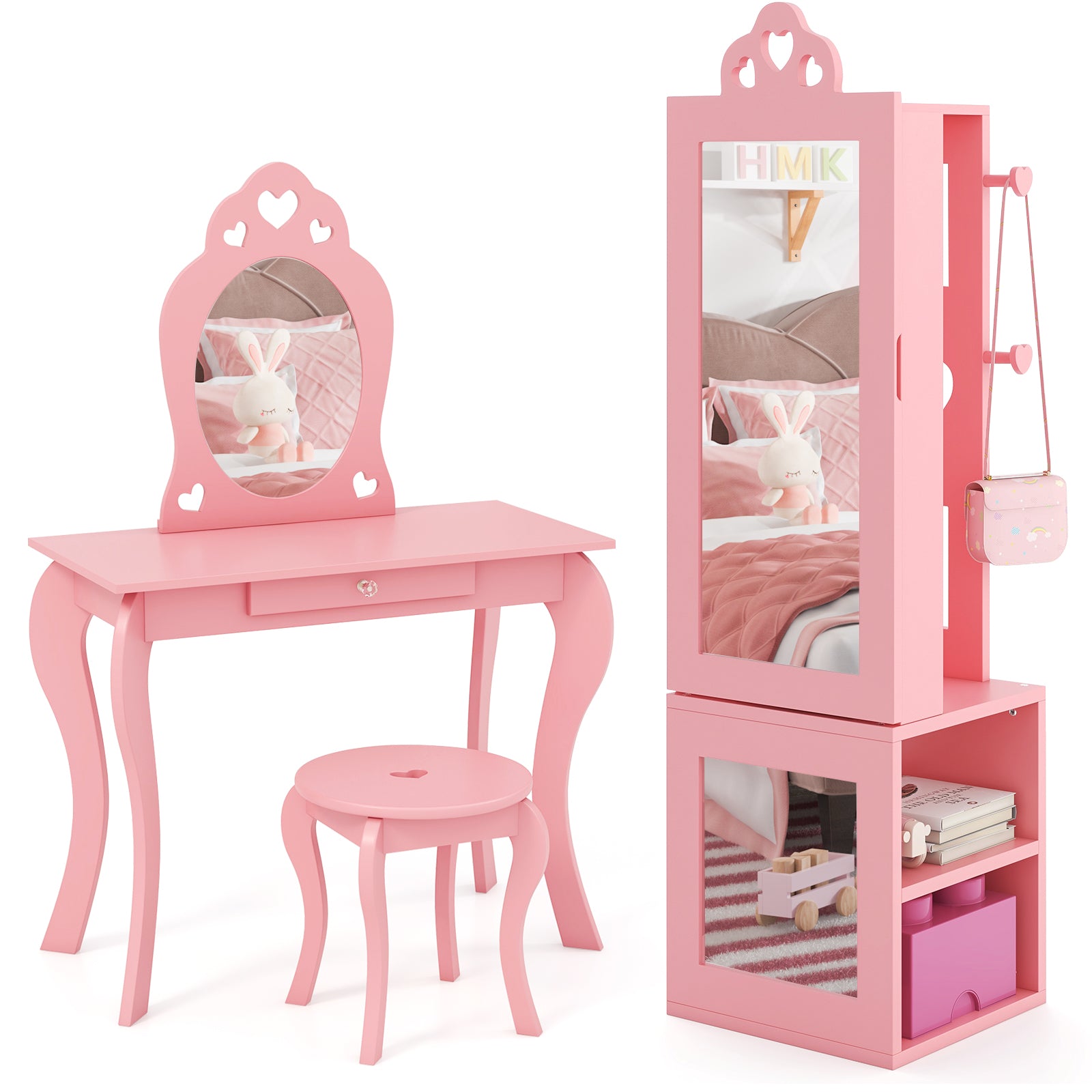 Princess Vanity Table and Stool Set Freestanding Jewelry Cabinet Armoire with Full-Length Mirror, Pink Kids Vanities Pink at Gallery Canada