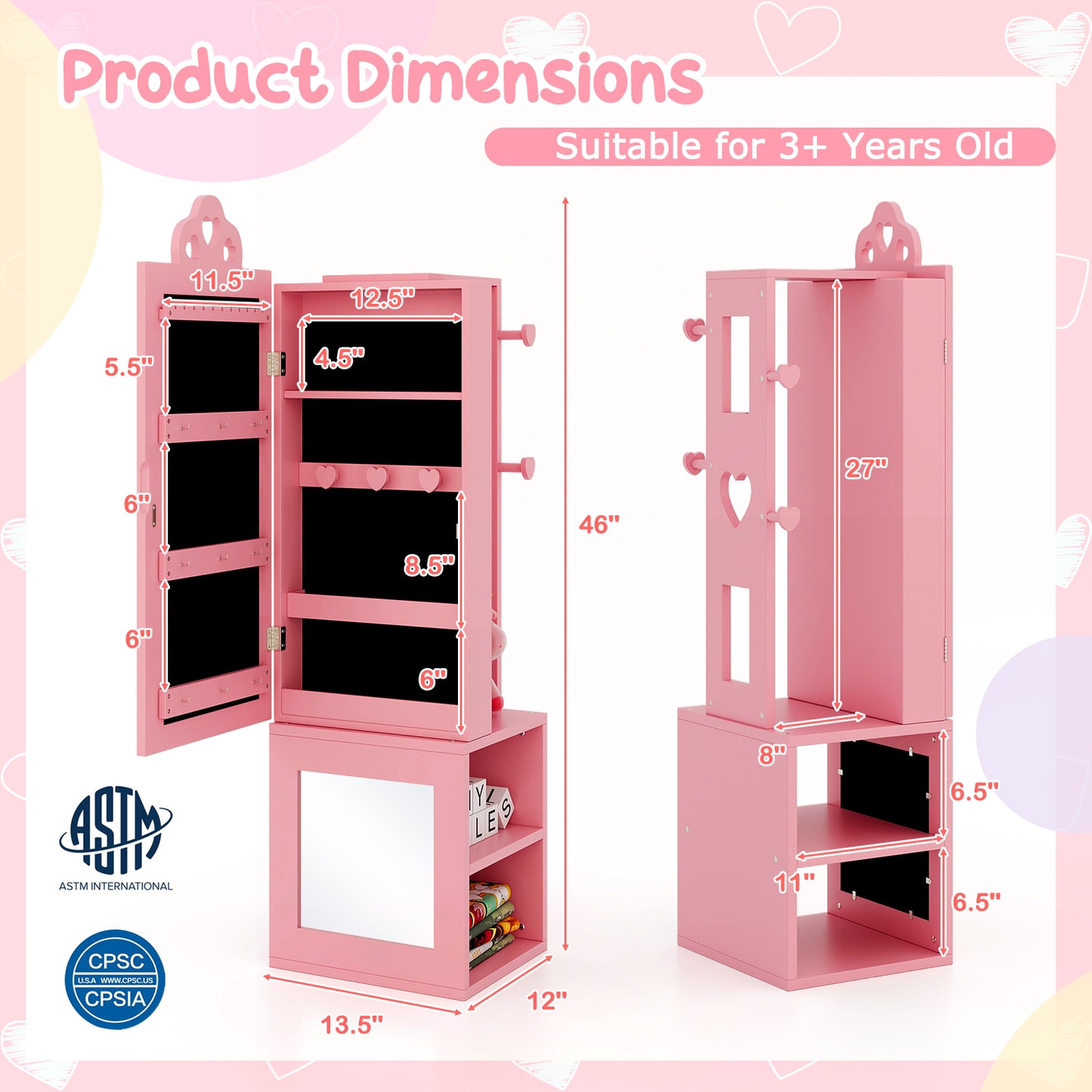 Princess Vanity Table and Stool Set Freestanding Jewelry Cabinet Armoire with Full-Length Mirror, Pink Kids Vanities at Gallery Canada