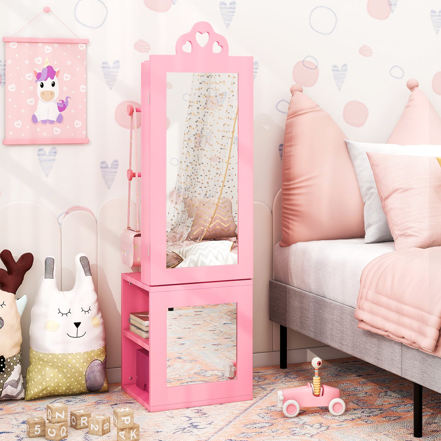 Princess Vanity Table and Stool Set Freestanding Jewelry Cabinet Armoire with Full-Length Mirror, Pink Kids Vanities at Gallery Canada