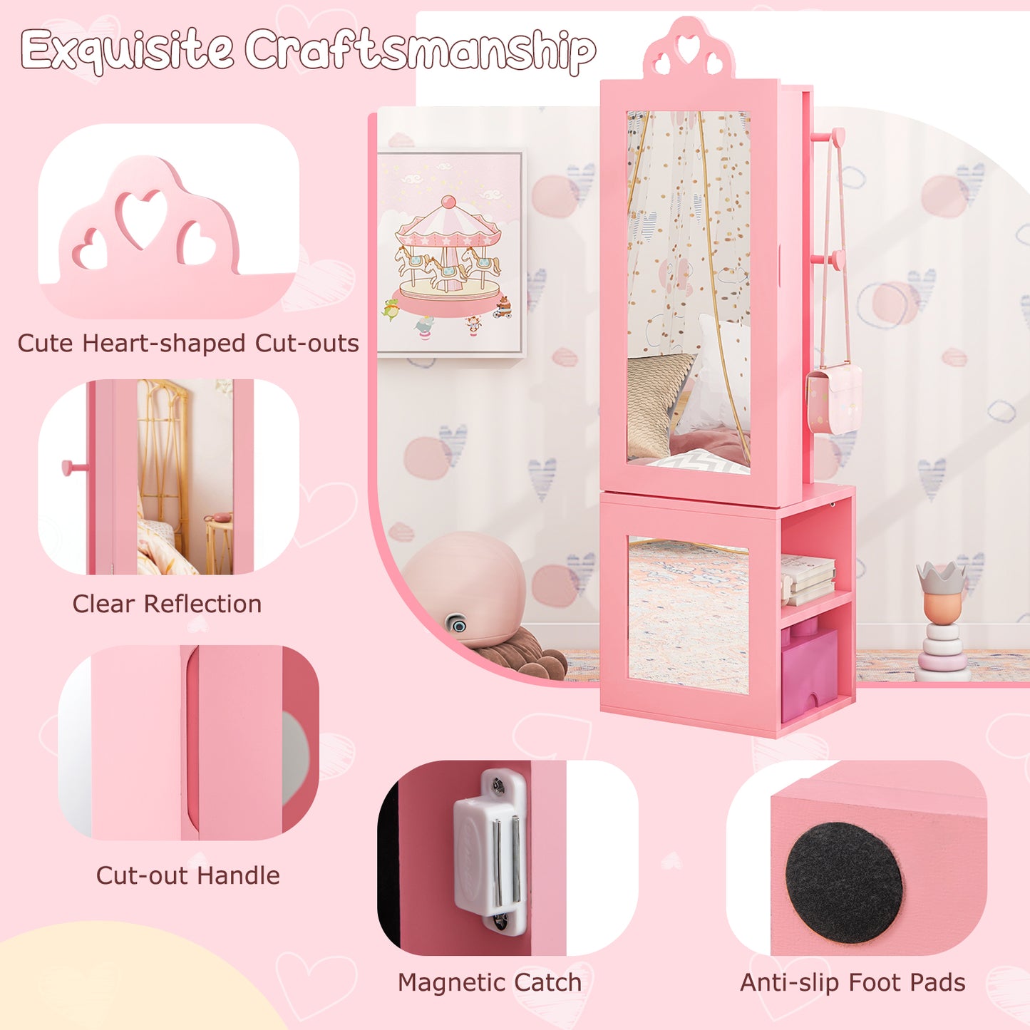 Princess Vanity Table and Stool Set Freestanding Jewelry Cabinet Armoire with Full-Length Mirror, Pink Kids Vanities at Gallery Canada