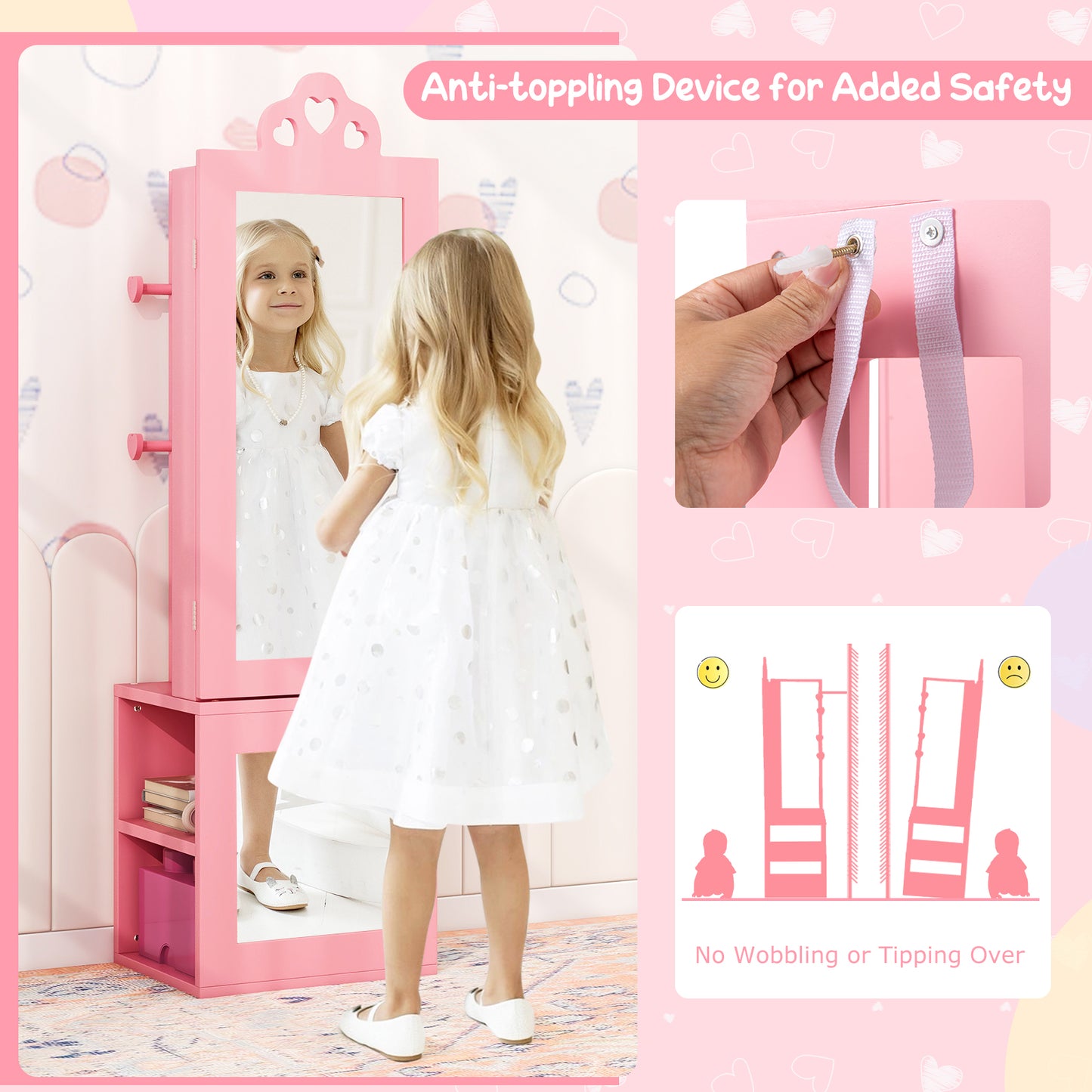 Princess Vanity Table and Stool Set Freestanding Jewelry Cabinet Armoire with Full-Length Mirror, Pink Kids Vanities at Gallery Canada