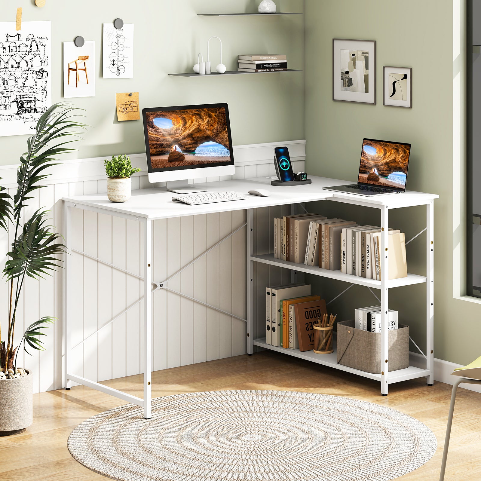 L-shaped 47 Inch Reversible Corner Desk with Adjustable Storage Shelves, White L-Shaped Desks at Gallery Canada