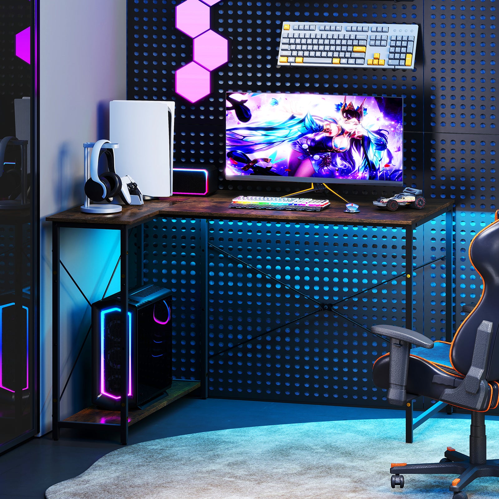 L-shaped 47 Inch Reversible Corner Desk with Adjustable Storage Shelves, Rustic Brown L-Shaped Desks at Gallery Canada