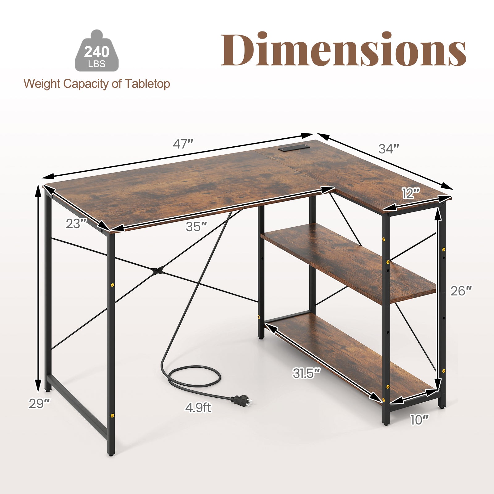 L-shaped 47 Inch Reversible Corner Desk with Adjustable Storage Shelves, Rustic Brown L-Shaped Desks at Gallery Canada
