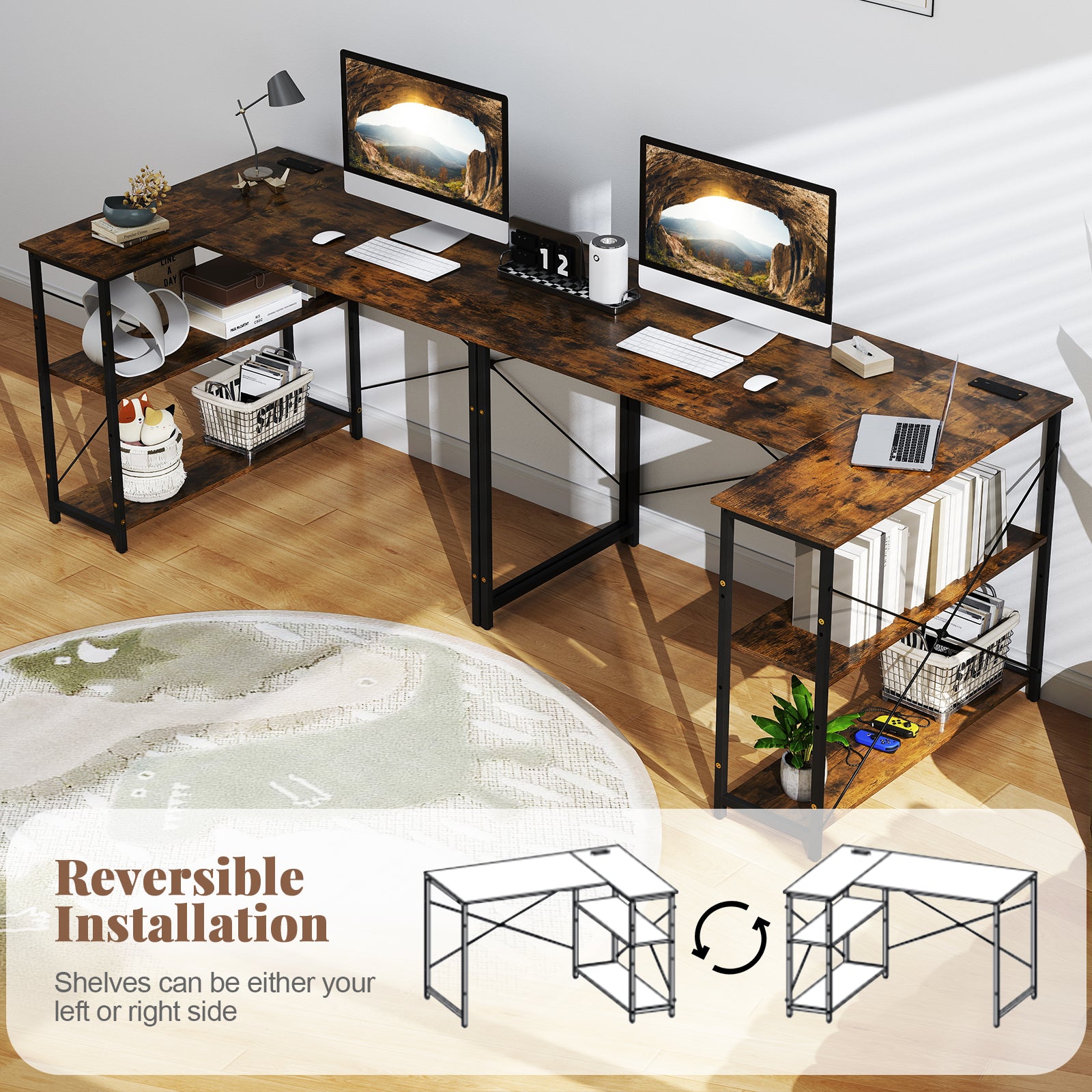 L-shaped 47 Inch Reversible Corner Desk with Adjustable Storage Shelves, Rustic Brown L-Shaped Desks at Gallery Canada