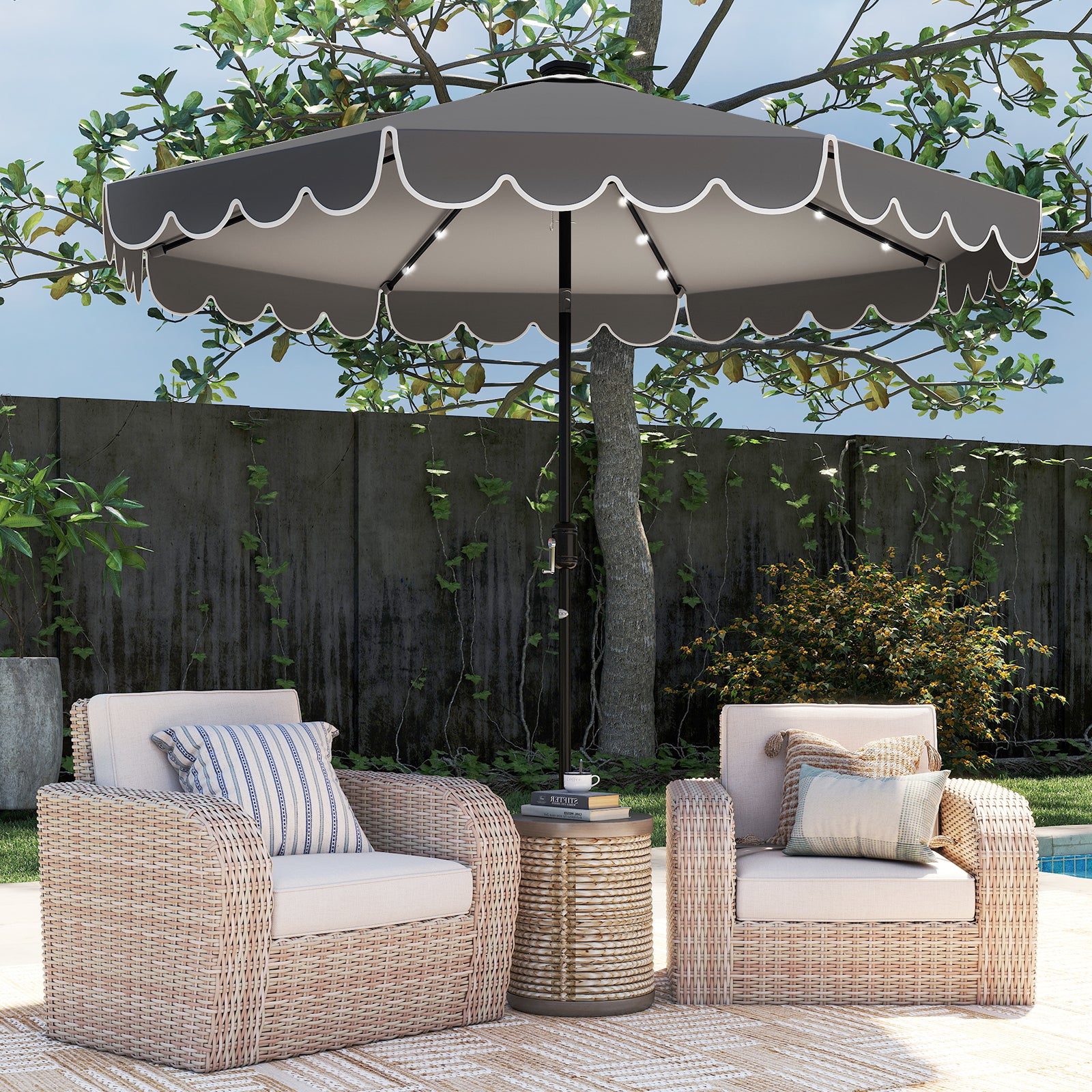 10 Feet Solar Patio Umbrella with 24 LED Lights, Gray Outdoor Umbrellas at Gallery Canada