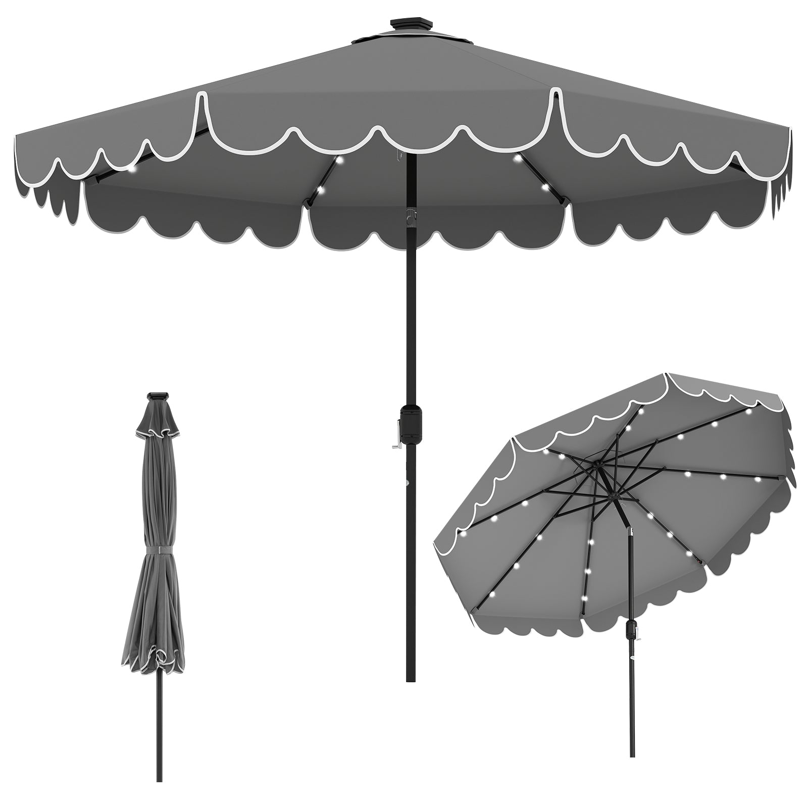 10 Feet Solar Patio Umbrella, 24 LED Lights, Gray Outdoor Umbrellas Gray at Gallery Canada