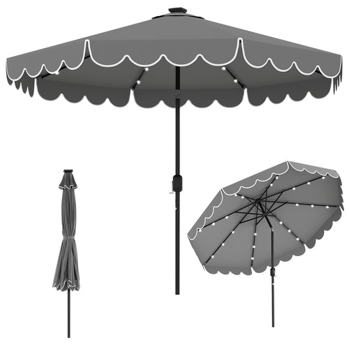 10 Feet Solar Patio Umbrella, 24 LED Lights, Gray