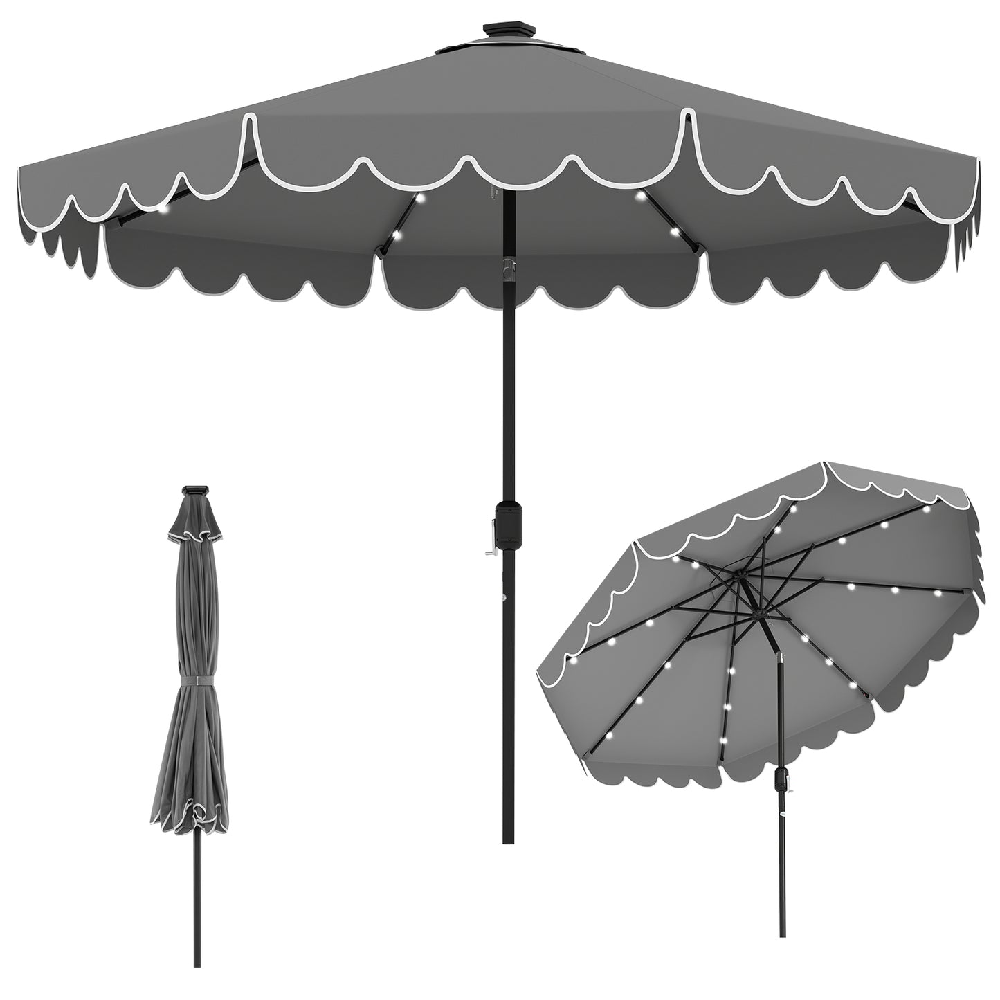 10 Feet Solar Patio Umbrella with 24 LED Lights, Gray Outdoor Umbrellas at Gallery Canada