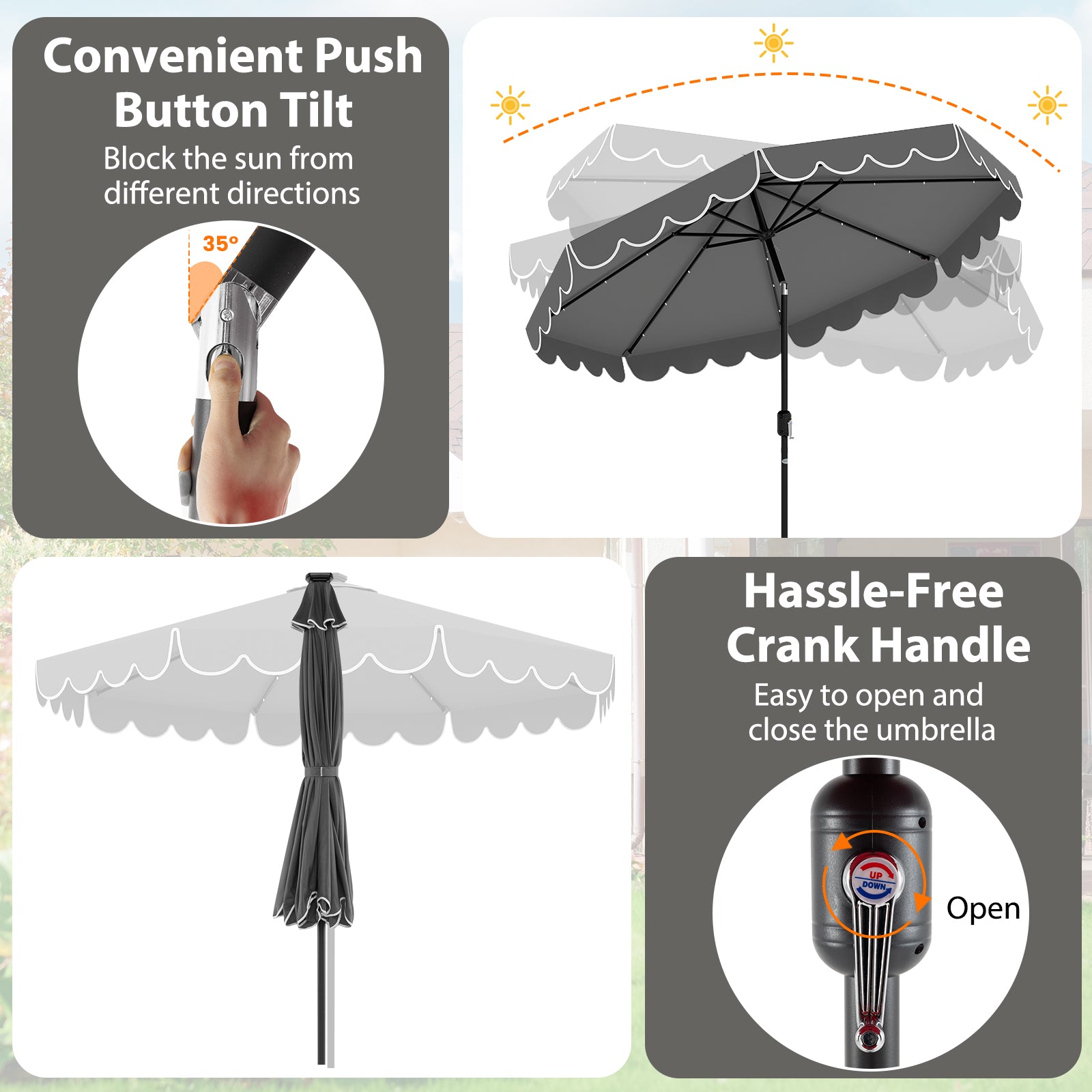 10 Feet Solar Patio Umbrella with 24 LED Lights, Gray Outdoor Umbrellas at Gallery Canada