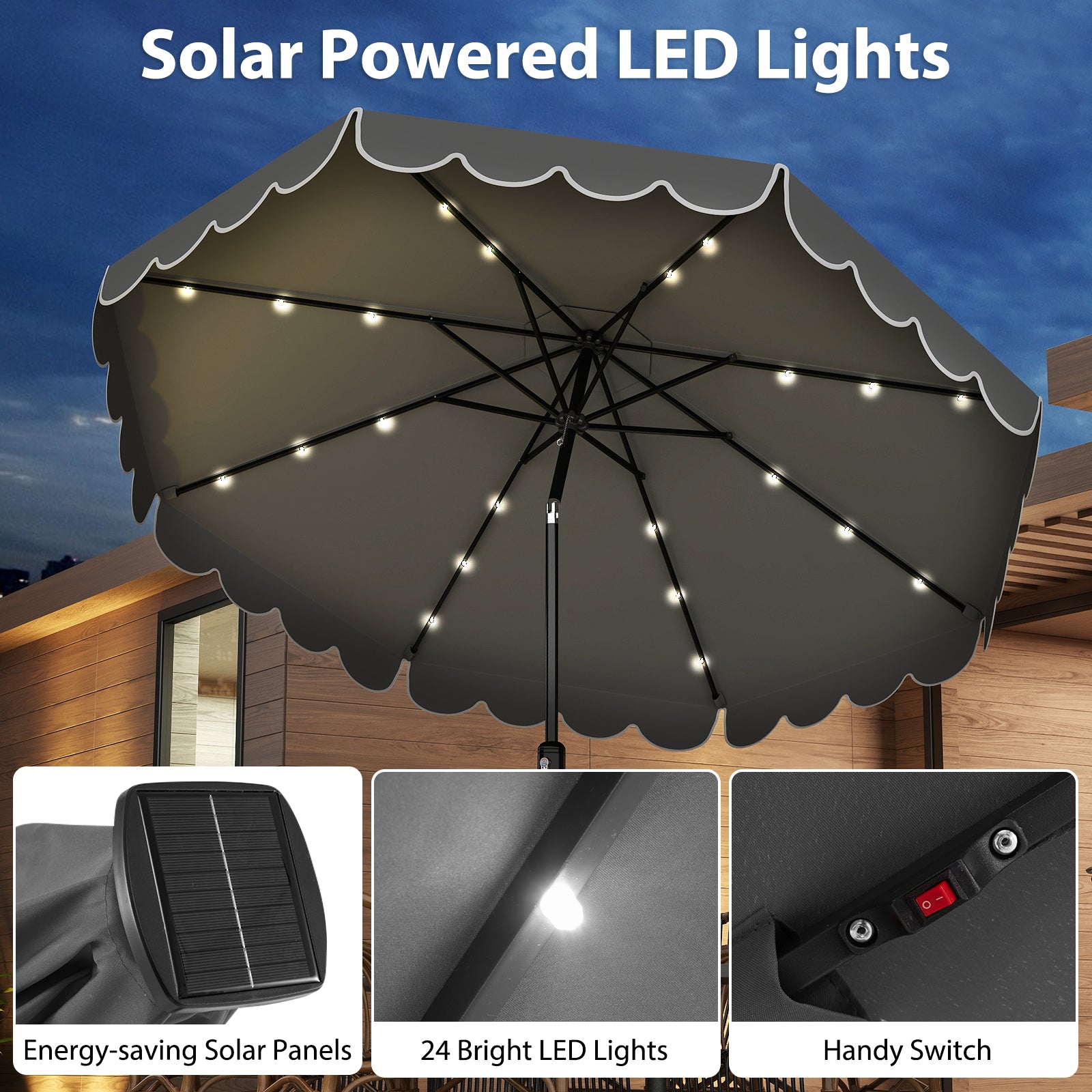 10 Feet Solar Patio Umbrella with 24 LED Lights, Gray Outdoor Umbrellas at Gallery Canada