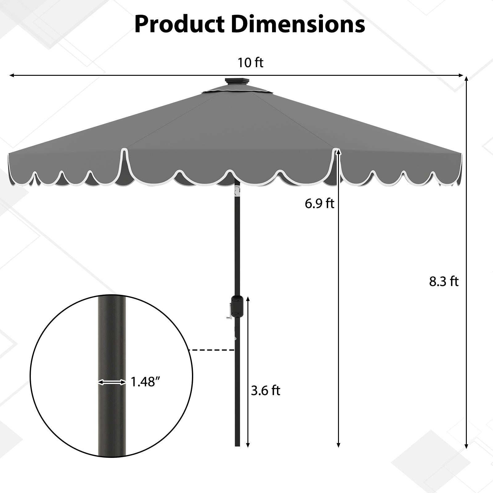 10 Feet Solar Patio Umbrella with 24 LED Lights, Gray Outdoor Umbrellas at Gallery Canada