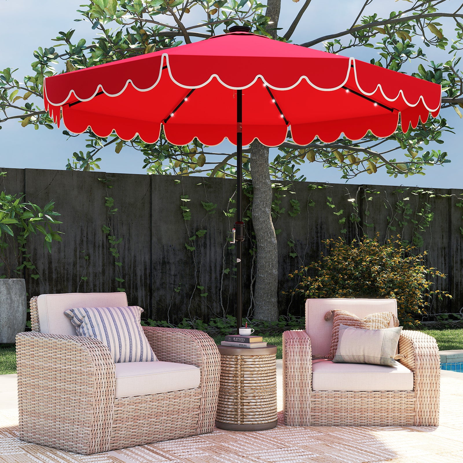 10 Feet Solar Patio Umbrella with 24 LED Lights, Red Outdoor Umbrellas at Gallery Canada