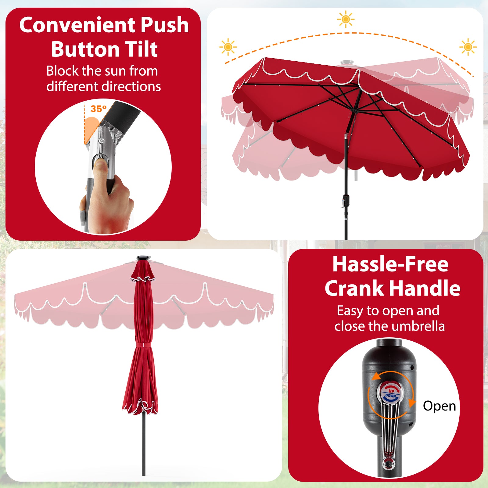 10 Feet Solar Patio Umbrella with 24 LED Lights, Red Outdoor Umbrellas at Gallery Canada