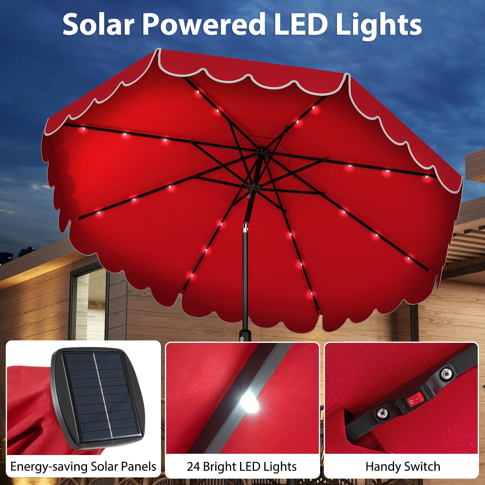 10 Feet Solar Patio Umbrella with 24 LED Lights, Red Outdoor Umbrellas at Gallery Canada