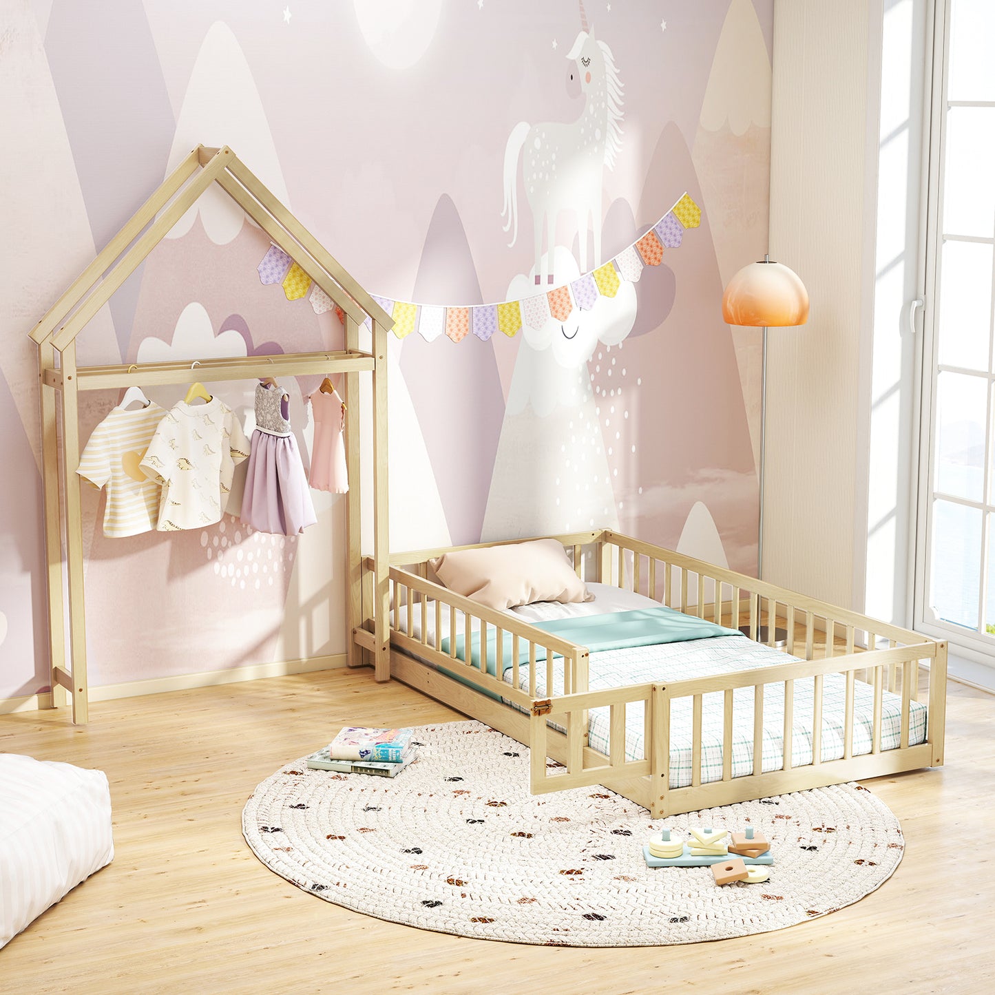 Twin Size House Floor Bed with House-shaped Headboard, Natural Simple Bed Frame at Gallery Canada