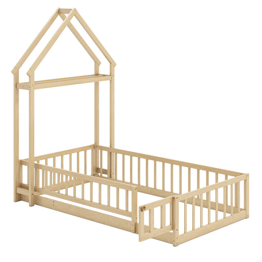 Twin Size House Floor Bed, House Shaped Headboard, Natural Simple Bed Frame Natural at Gallery Canada