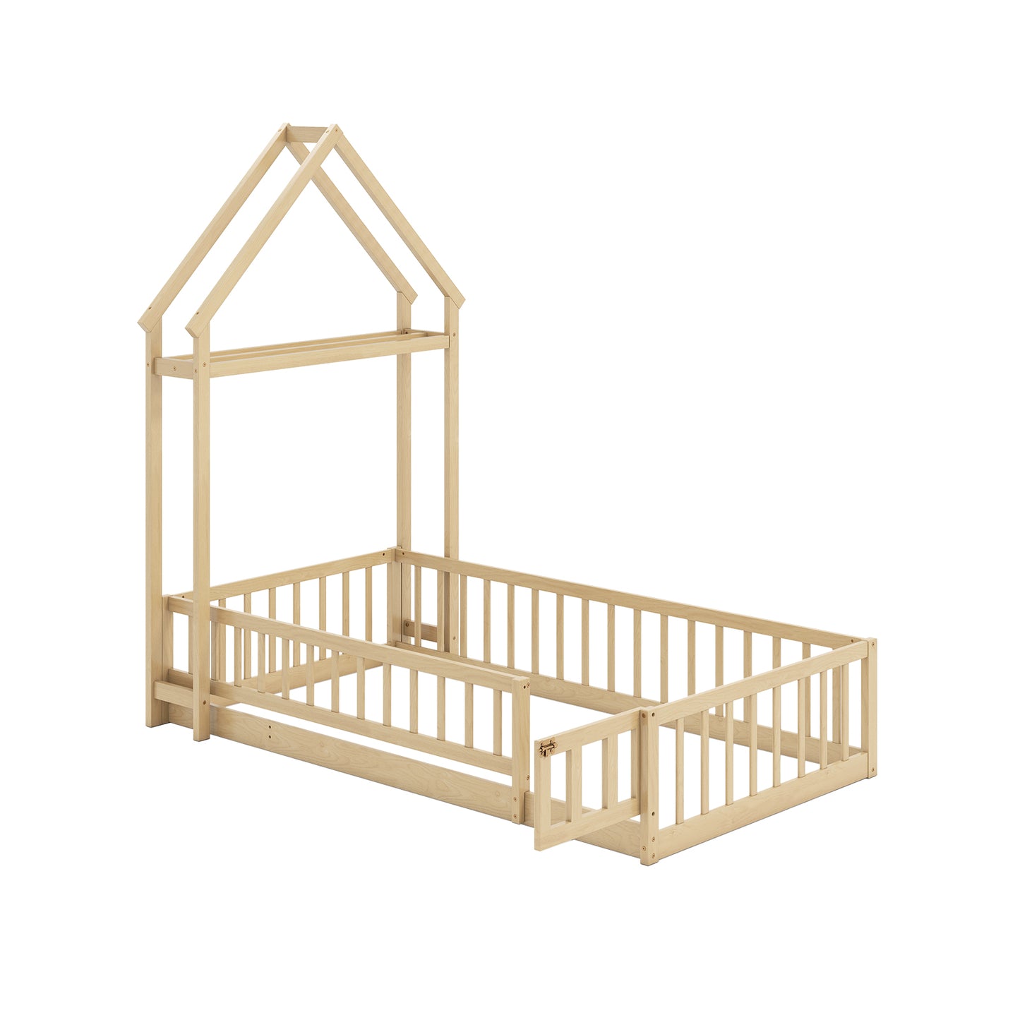 Twin Size House Floor Bed with House-shaped Headboard, Natural Simple Bed Frame at Gallery Canada