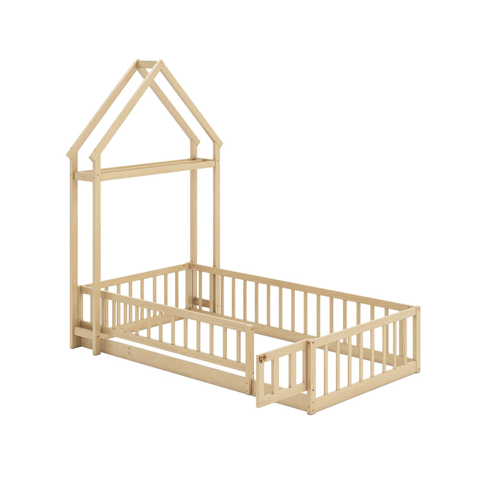 Twin Size House Floor Bed with House-shaped Headboard, Natural Simple Bed Frame at Gallery Canada