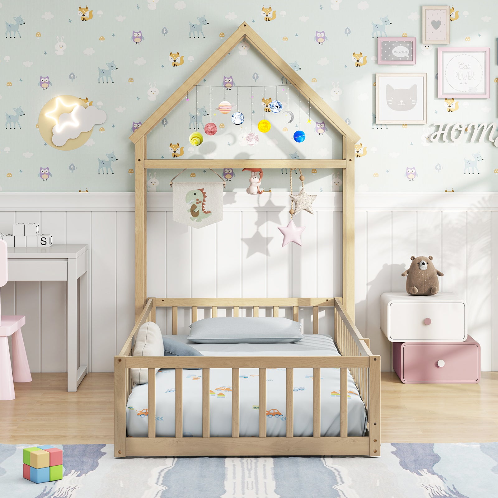 Twin Size House Floor Bed with House-shaped Headboard, Natural Simple Bed Frame at Gallery Canada