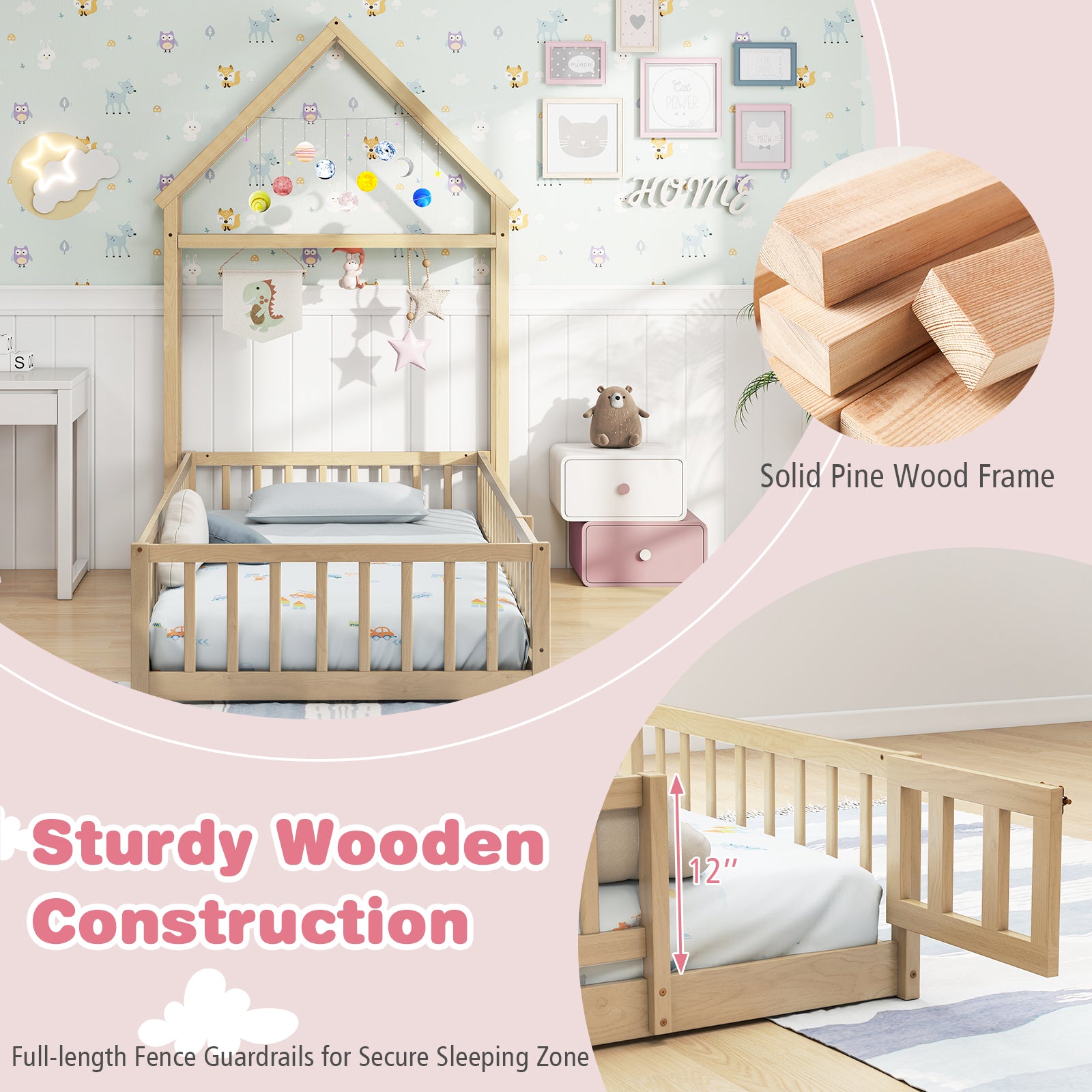 Twin Size House Floor Bed with House-shaped Headboard, Natural Simple Bed Frame at Gallery Canada