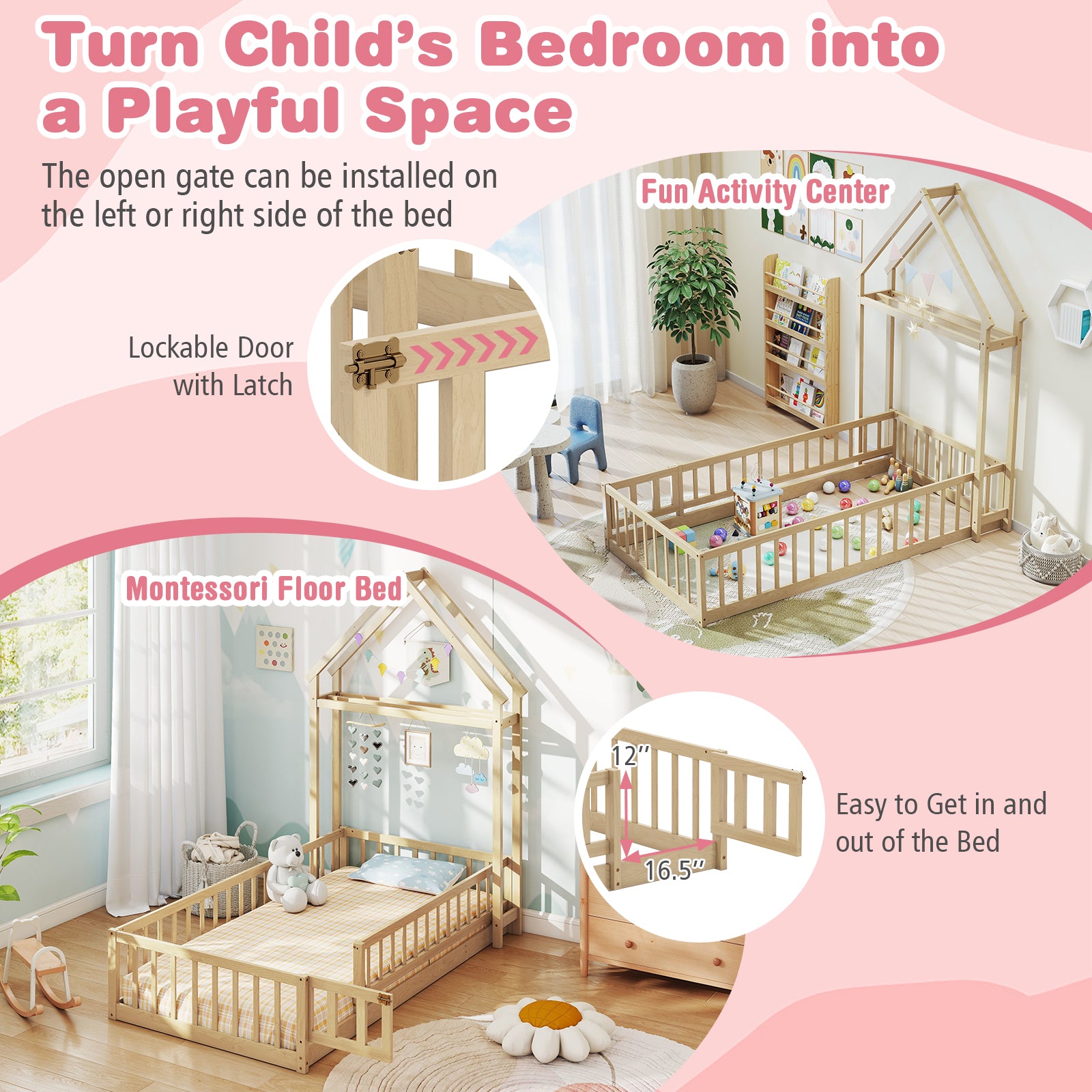 Twin Size House Floor Bed with House-shaped Headboard, Natural Simple Bed Frame at Gallery Canada