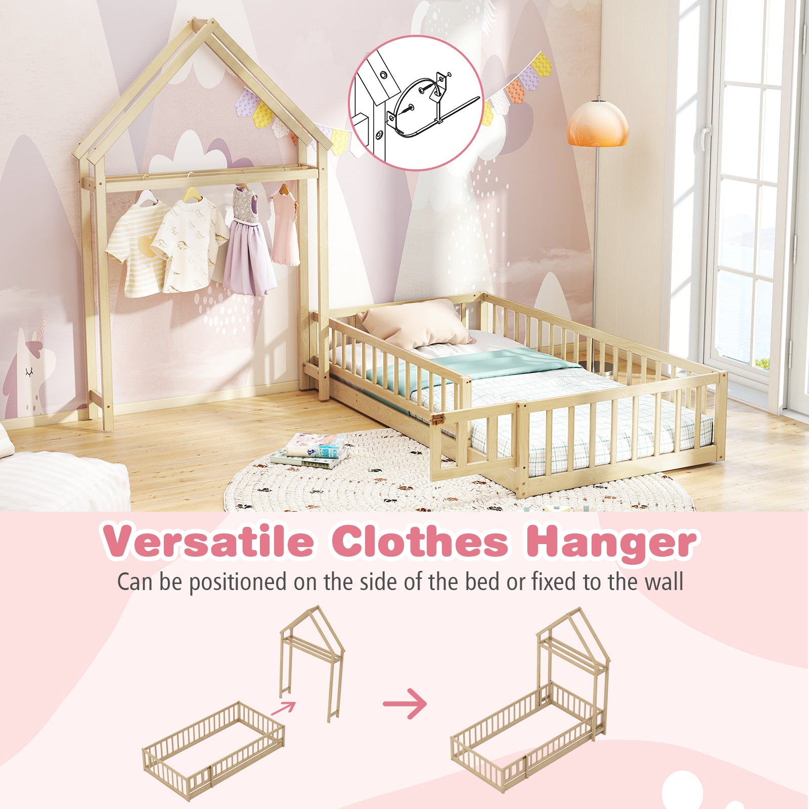 Twin Size House Floor Bed with House-shaped Headboard, Natural Simple Bed Frame at Gallery Canada