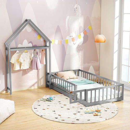 Twin Size House Floor Bed with House-shaped Headboard, Gray