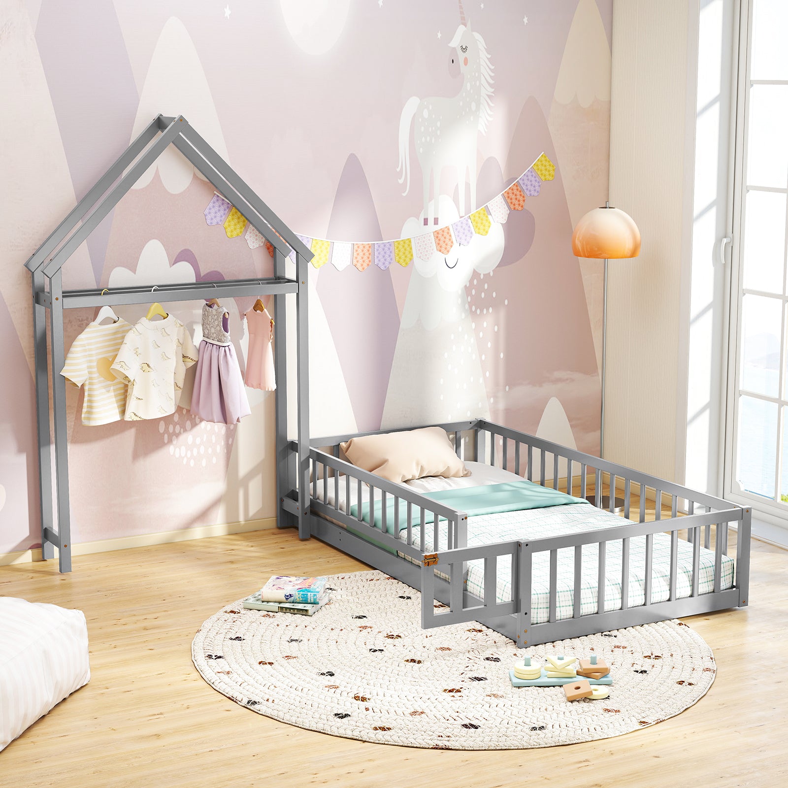 Twin Size House Floor Bed with House-shaped Headboard, Gray Simple Bed Frame at Gallery Canada