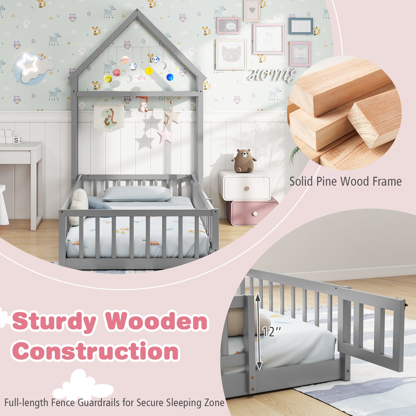 Twin Size House Floor Bed with House-shaped Headboard, Gray Simple Bed Frame at Gallery Canada