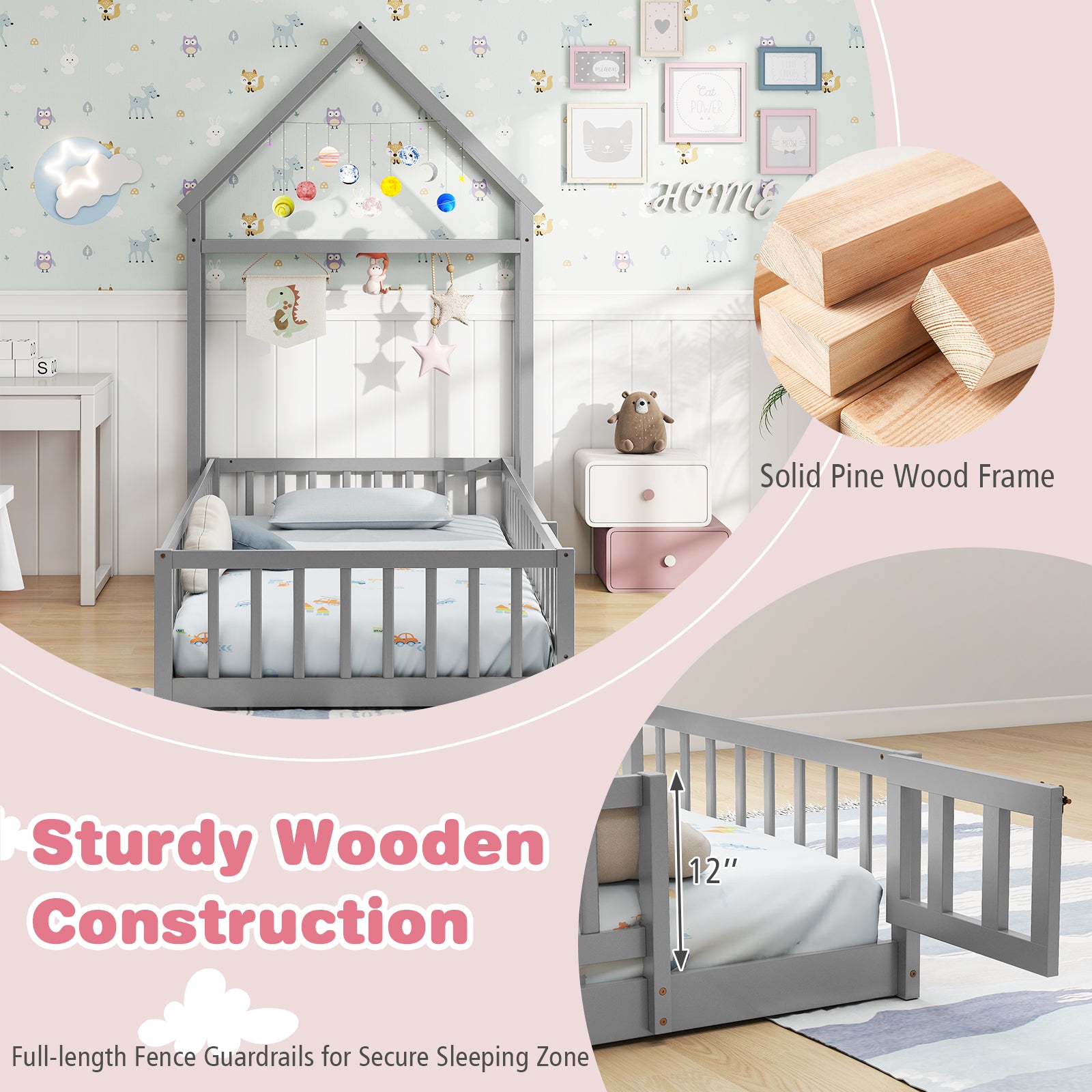 Twin Size House Floor Bed with House-shaped Headboard, Gray Simple Bed Frame at Gallery Canada