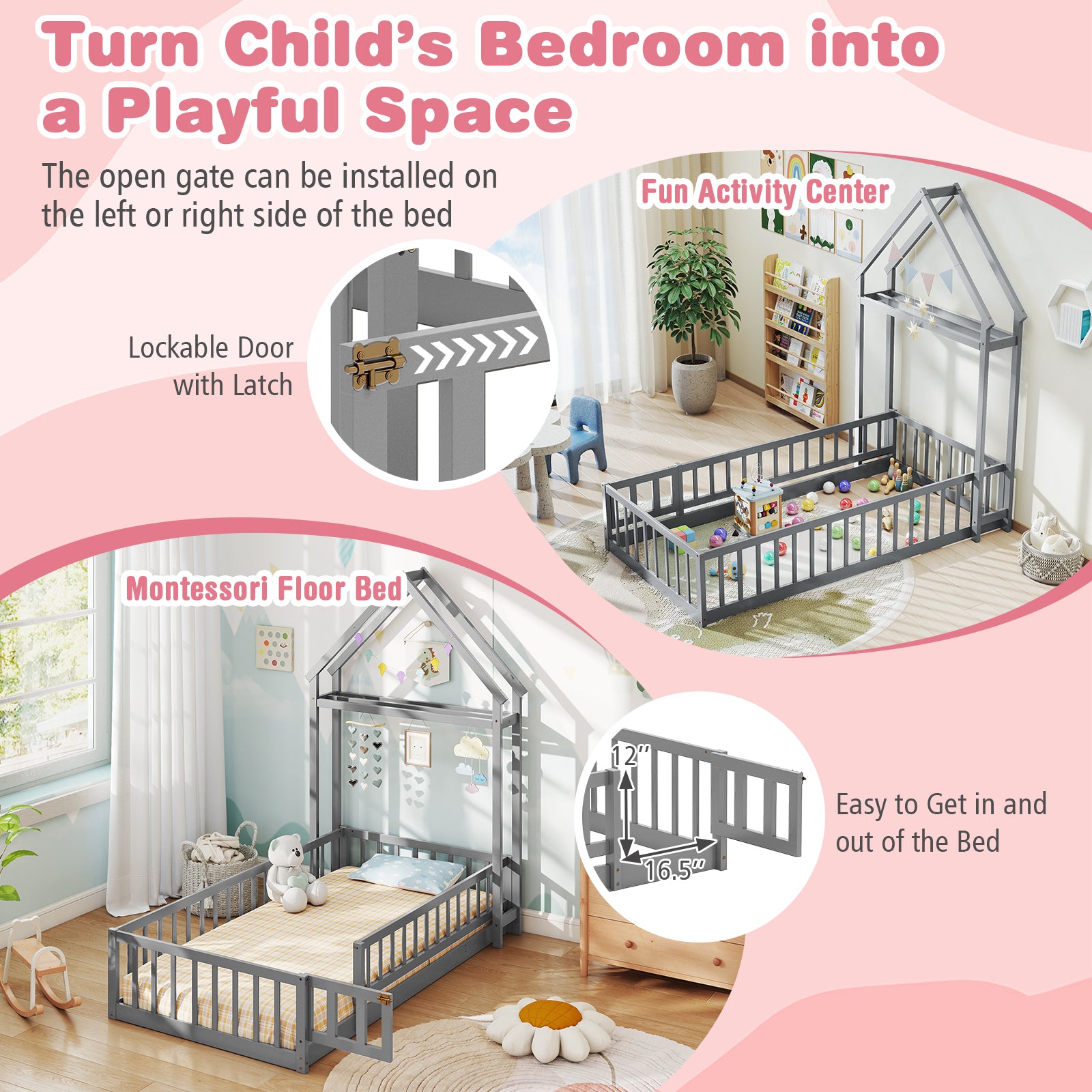 Twin Size House Floor Bed with House-shaped Headboard, Gray Simple Bed Frame at Gallery Canada