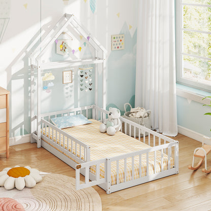 Twin Size House Floor Bed with House-shaped Headboard, White Simple Bed Frame at Gallery Canada