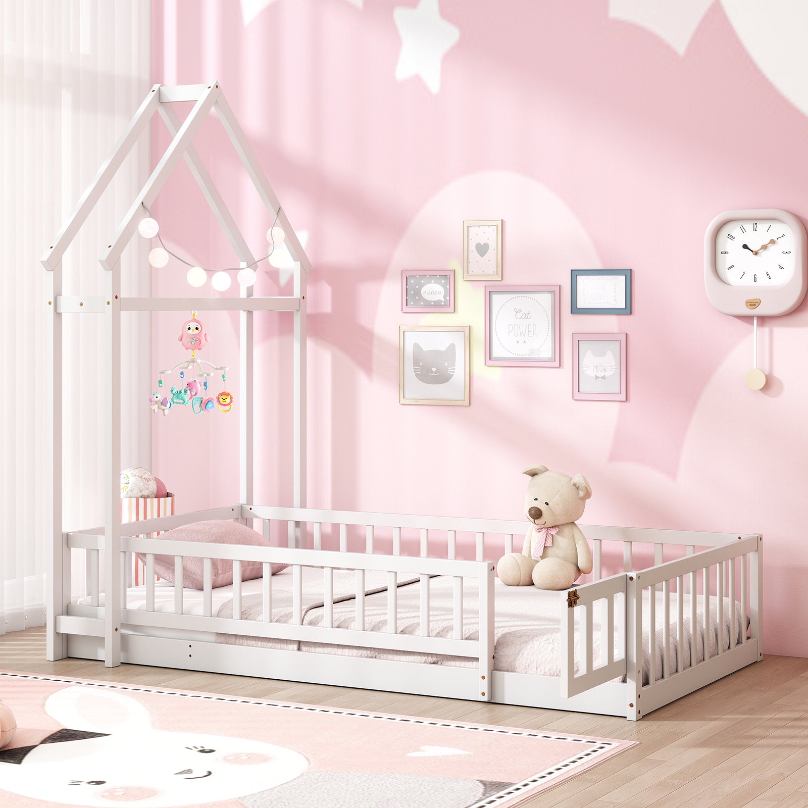 Twin Size House Floor Bed with House-shaped Headboard, White Simple Bed Frame at Gallery Canada