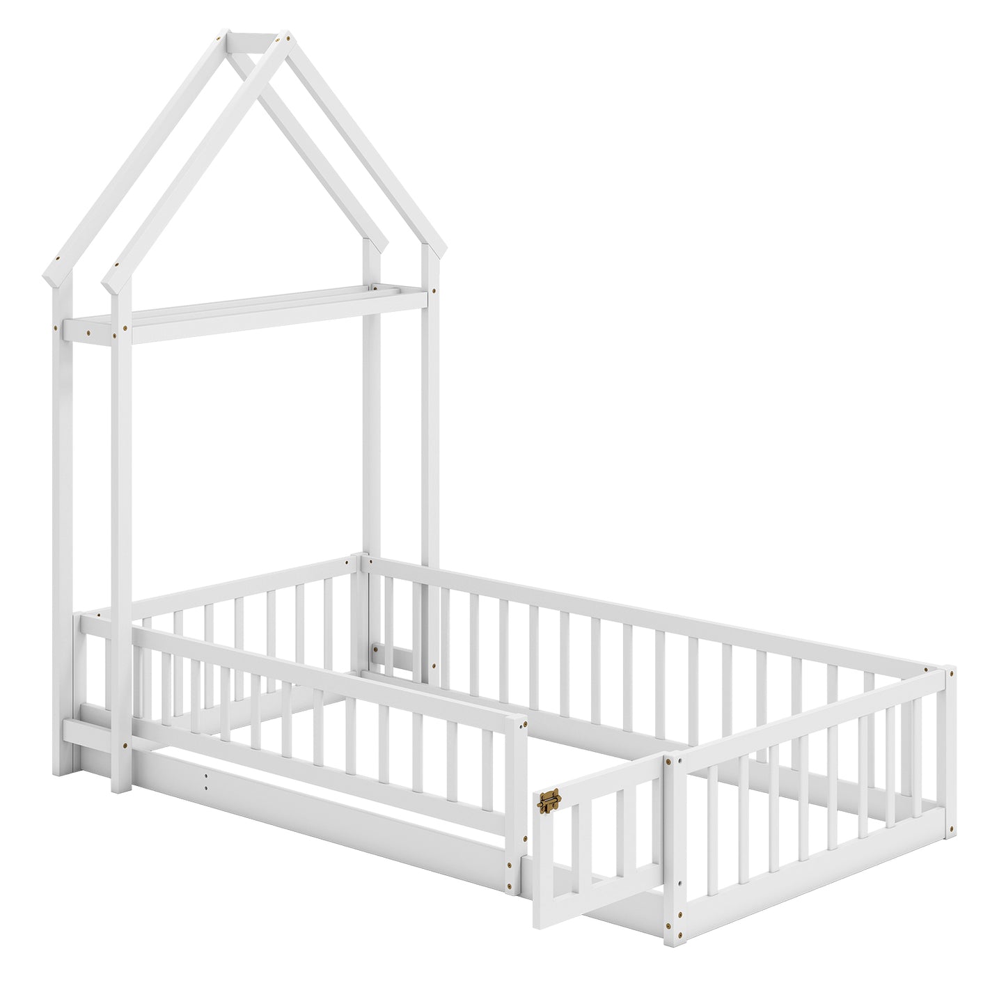 Twin Size House Floor Bed, House-Shaped Headboard, White