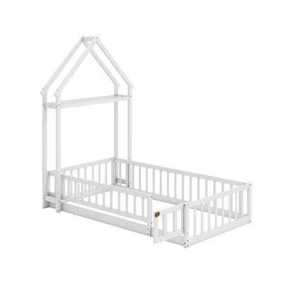 Twin Size House Floor Bed with House-shaped Headboard, White Simple Bed Frame at Gallery Canada