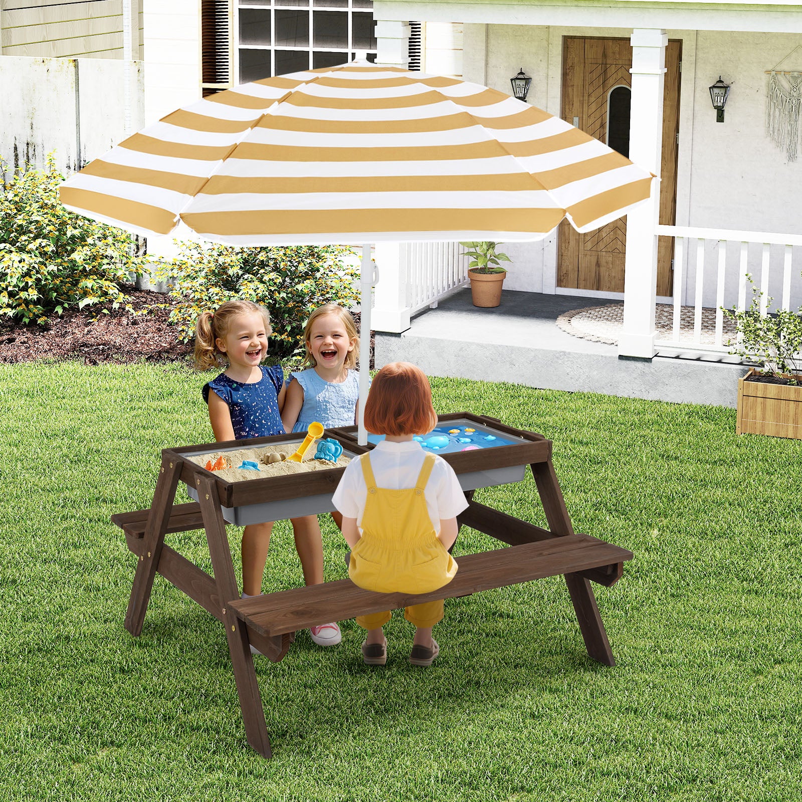 3-in-1 Kids Outdoor Picnic Water Sand Table with Removable Umbrella and Boxes, Coffee Kids Table & Chair Sets at Gallery Canada