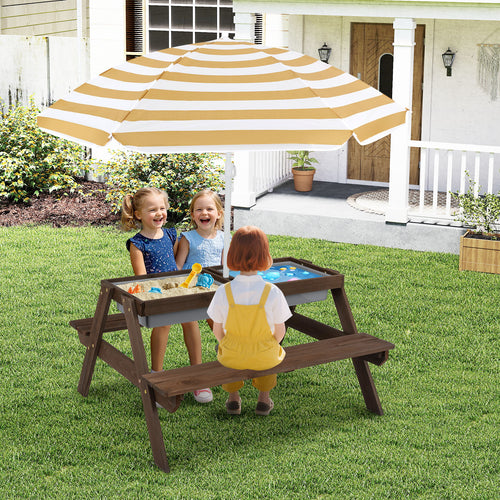 3-in-1 Kids Outdoor Picnic Water Sand Table with Removable Umbrella and Boxes, Coffee