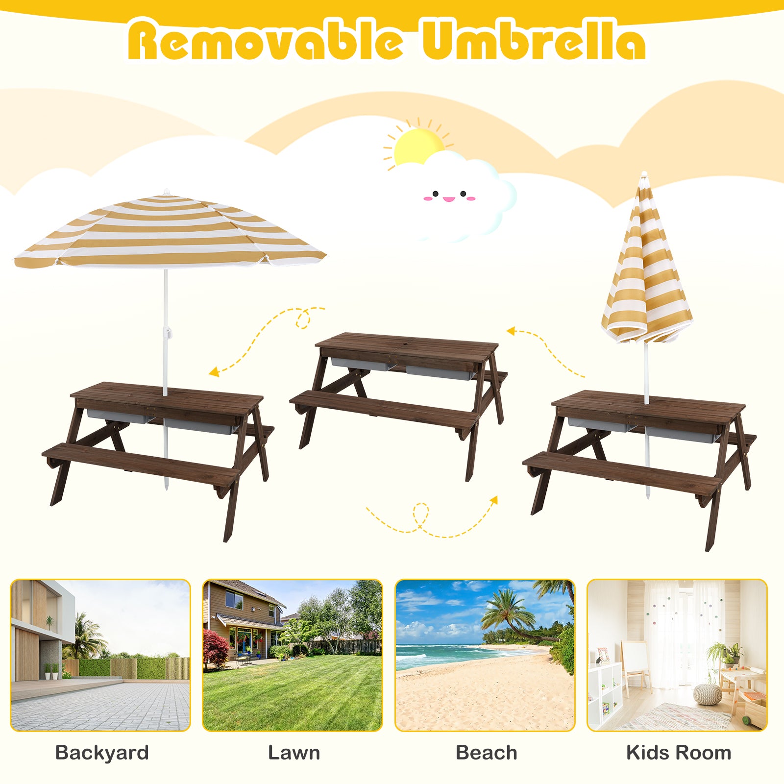 3-in-1 Kids Outdoor Picnic Water Sand Table with Removable Umbrella and Boxes, Coffee Kids Table & Chair Sets at Gallery Canada