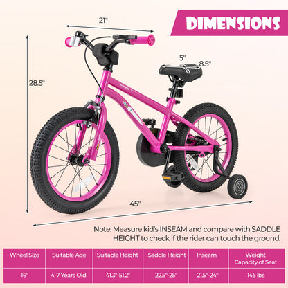 16-Inch Kids Bike for 4-7 Years Old Adjustable with Removable Training Wheels-16 inches, Pink Kids Bike at Gallery Canada