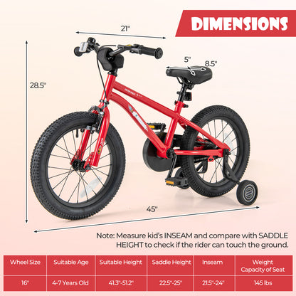 16-Inch Kids Bike Ages 4-7 with Handbrake and Coaster Brake and Bell Ring-16 inches, Red Kids Bike at Gallery Canada
