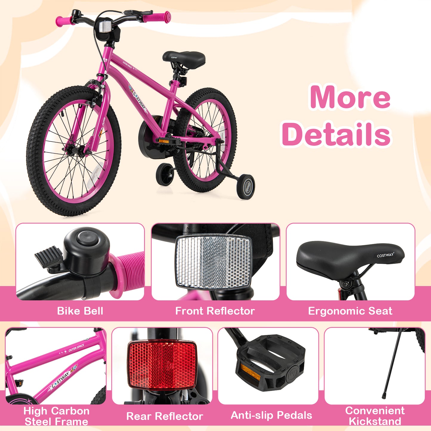 18 Inch Kids Bike for 4-8 Years Old Adjustable with Removable Training Wheels, Pink Kids Bike at Gallery Canada