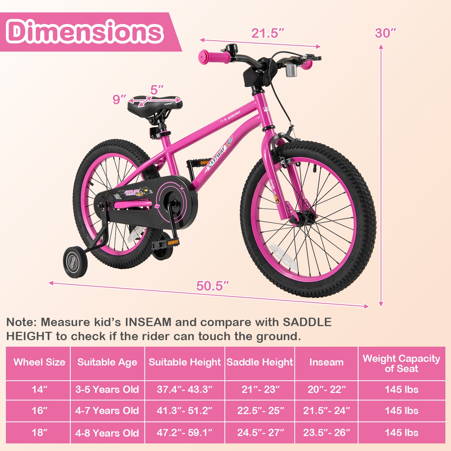 18 Inch Kids Bike for 4-8 Years Old Adjustable with Removable Training Wheels, Pink Kids Bike at Gallery Canada