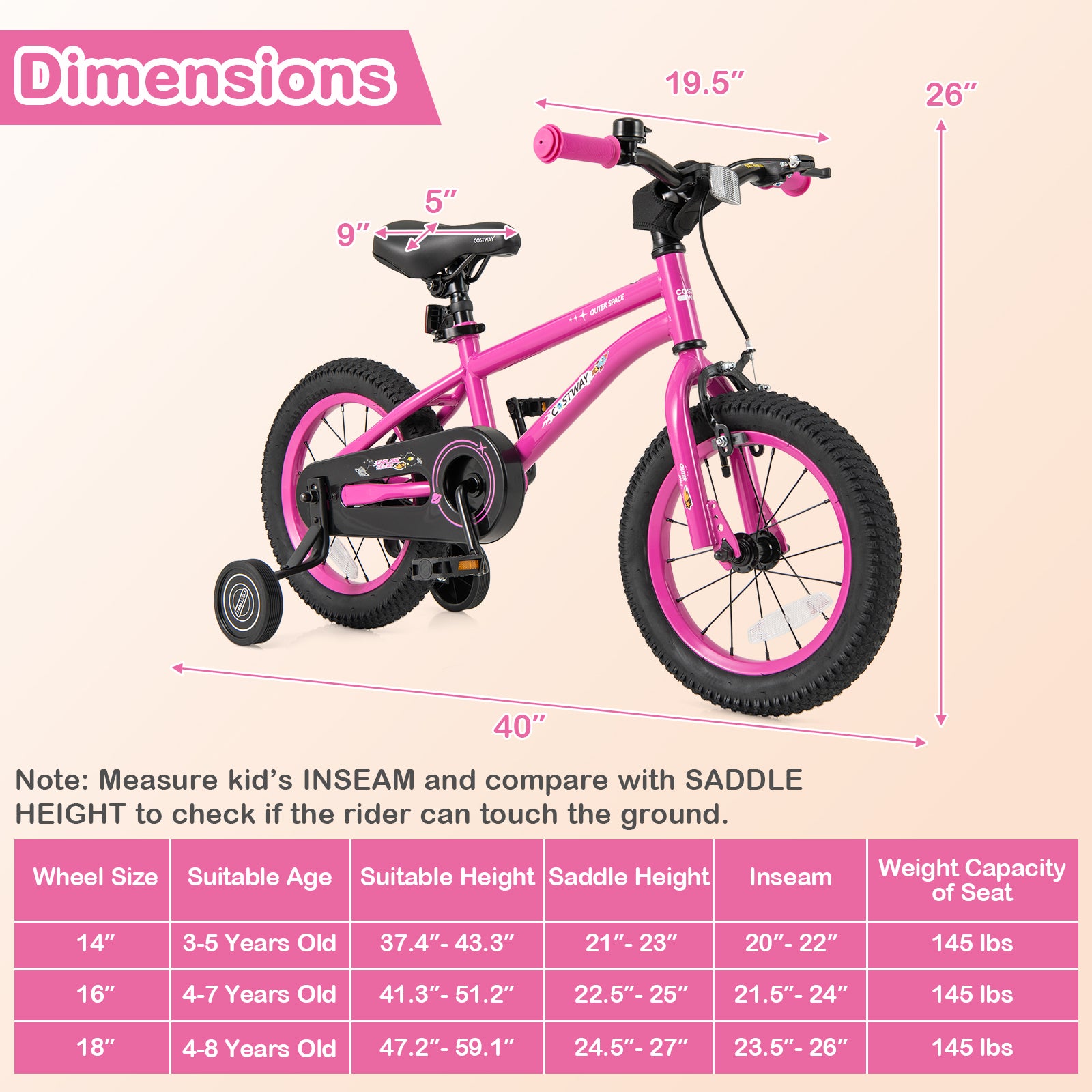14 Inch Kids Bike for 3-5 Years Old Adjustable with Removable Training Wheels, Pink Kids Bike at Gallery Canada