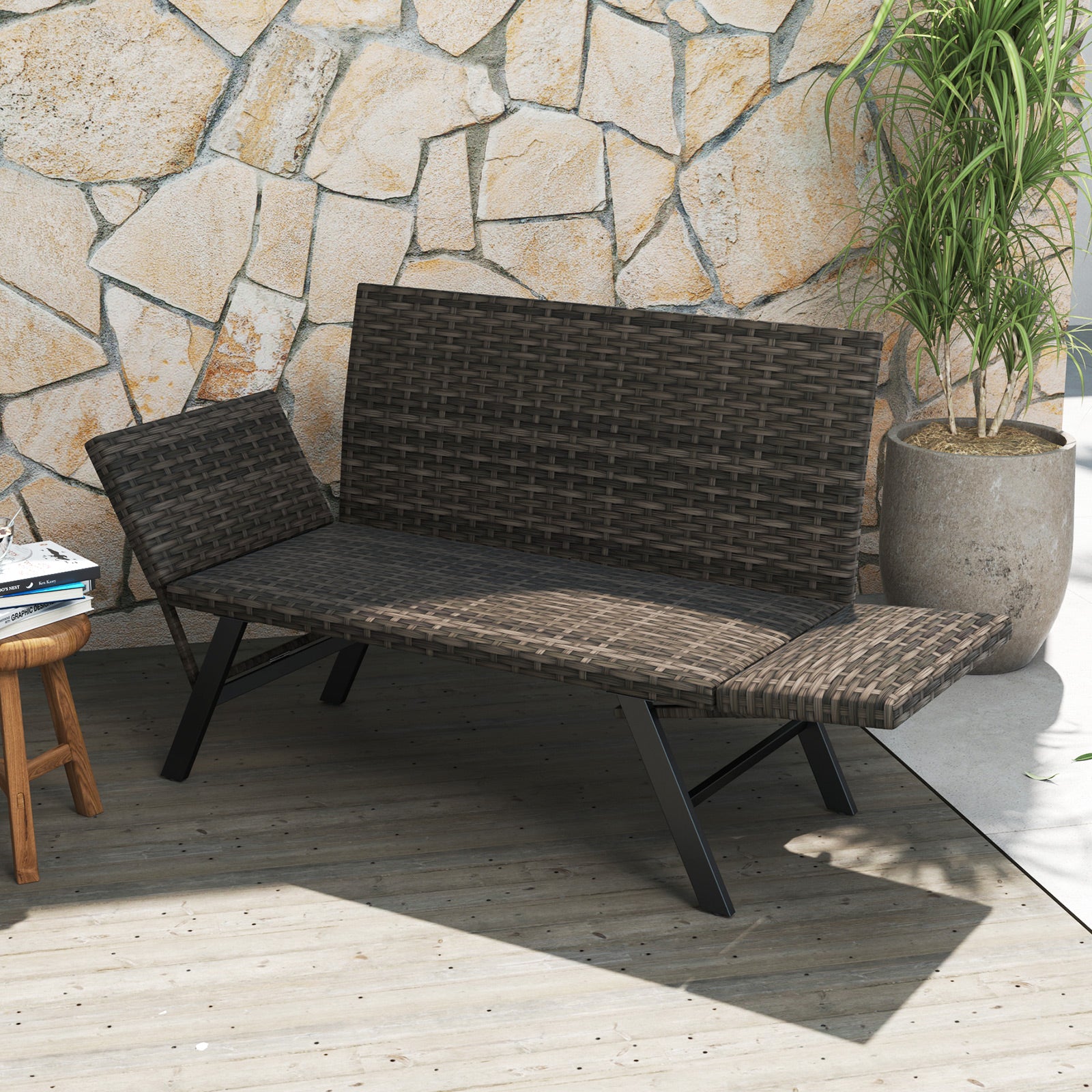 Patio Convertible Sofa for 2 Quick Dry Foam Padded Rattan with Armrests, Gray Outdoor Benches at Gallery Canada