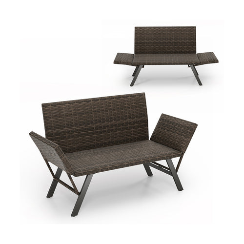 Patio Convertible Sofa for 2 Quick Dry Foam Padded Rattan with Armrests, Gray