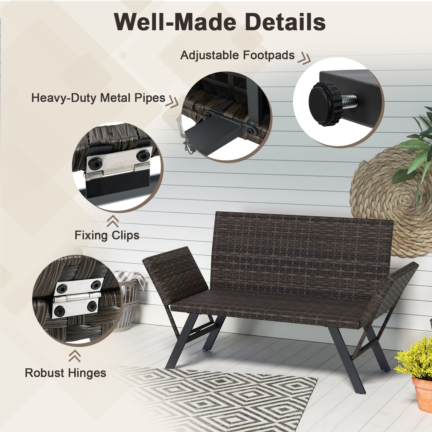 Patio Convertible Sofa for 2 Quick Dry Foam Padded Rattan with Armrests, Gray Outdoor Benches at Gallery Canada